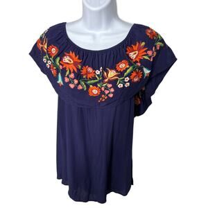 Davi & Dani Navy Blue‎ Emboridery Flowers On or Off Shoulder Blouse 2XL NEW